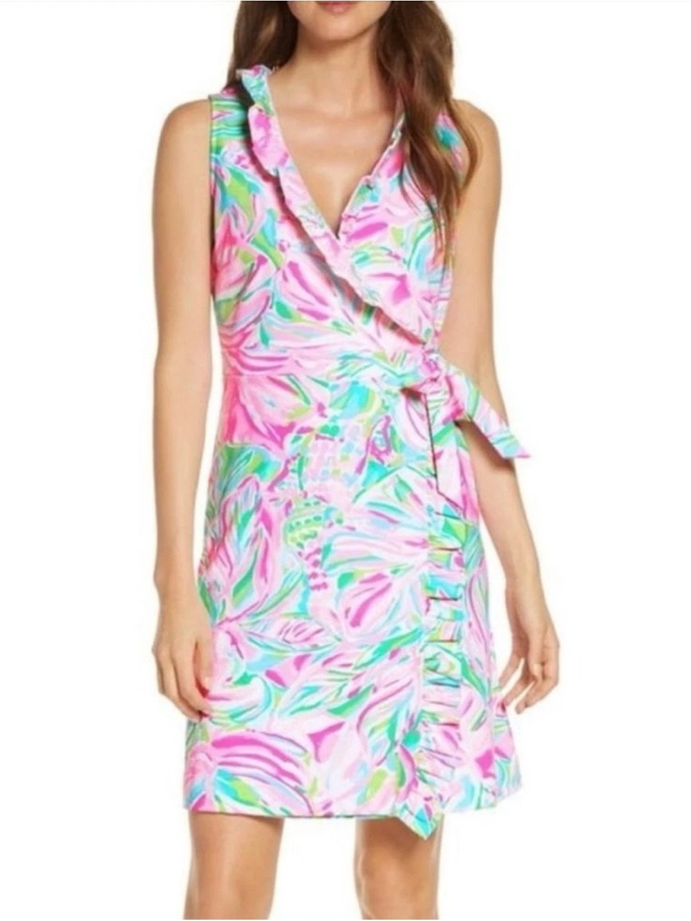 Lilly Pulitzer Romee Wrap Dress XS Pink Tropical Floral Ruffle Sleeveless Mini